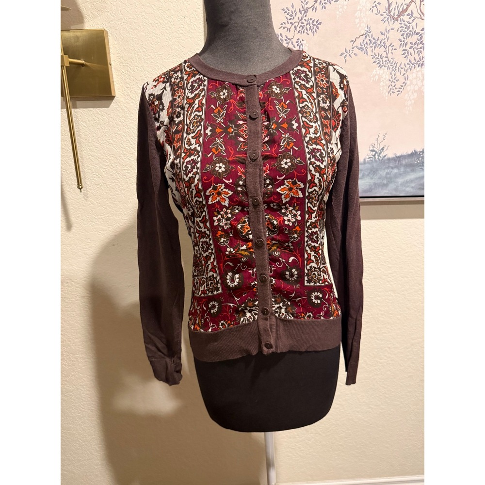 New York & Company Brown Floral Paisley Mixed Media Knit Cardigan Sweater Small
